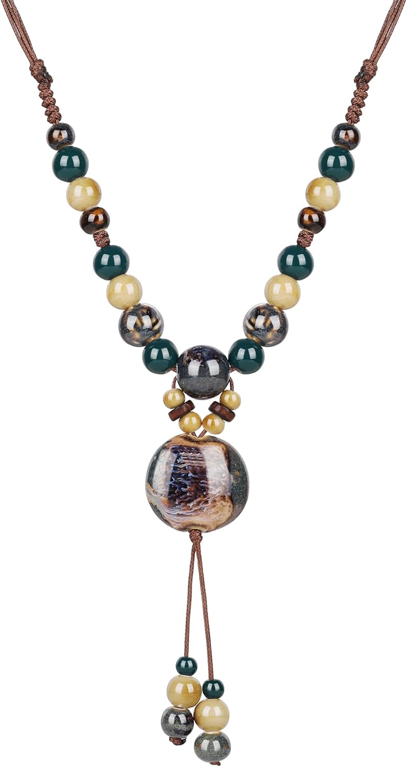 DS Boho Beaded Necklace for Women–Colorful Ceramic & African Tribal Beads, Adjustable Long Chunky Bohemian Jewelry with Gift Box Packaging,Hippie Witchy Vintage Handmade Fashion Statement Necklace - Image 1